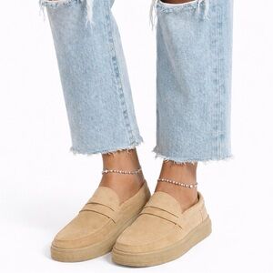 Beige Suede Boho Slip-On Penny Slippers, Minimalist Mule Loafers Casual Flats 10